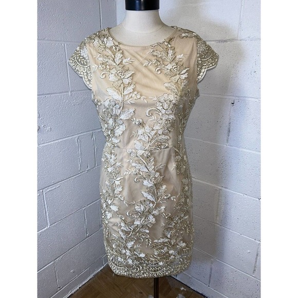 She And Sky Embroidered Bride Holiday Gold White Mini Dress Cutout Back L‎ - Picture 1 of 13